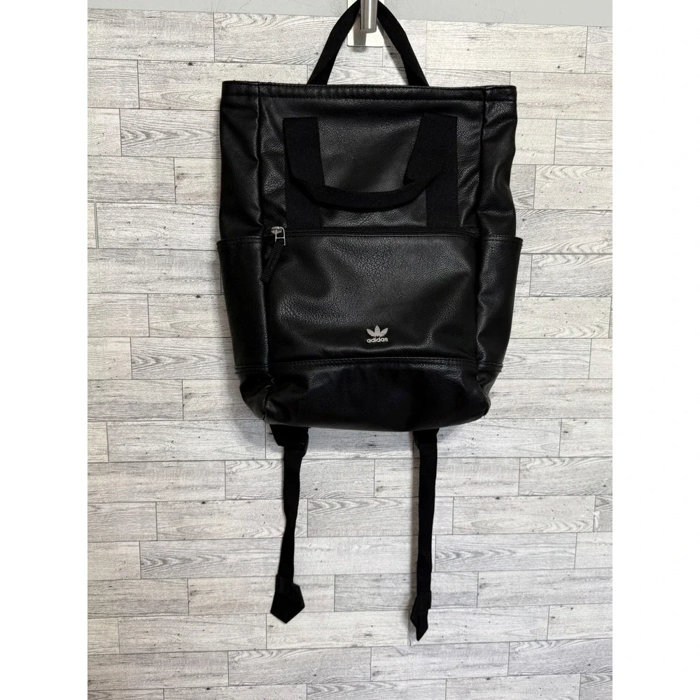 Adidas Originals Pebbled Leather Commuter Backpack Tote Black Trefoil Logo Bag